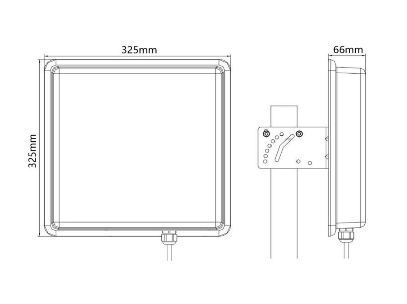Dimension drawing — 325 mm wide by 325 mm high by 66 mm deep, with the pole mount bracket