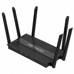 HBE-AX3000 Res/Business Router — three-quarter view with the HBE Yakabit branding, six external antennas and three status LEDs
