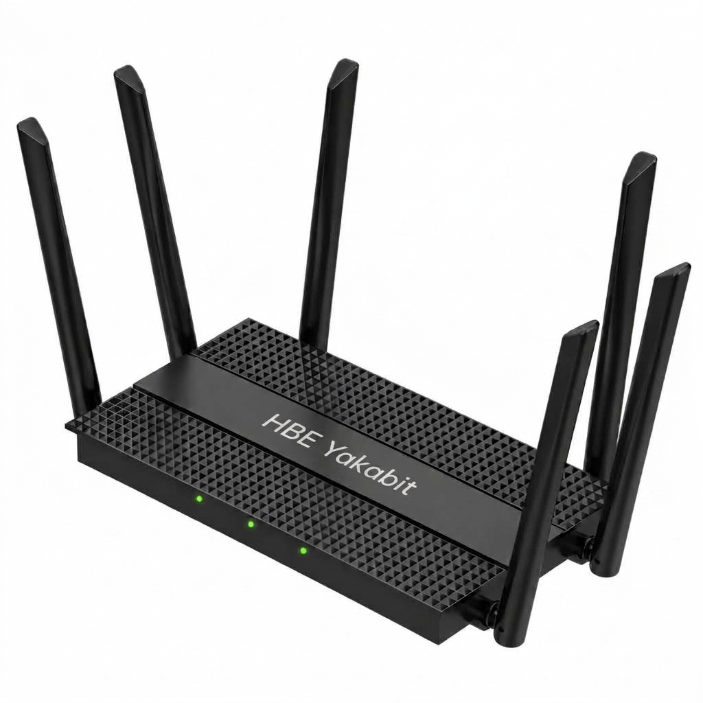 HBE-AX3000 Res/Business Router with HBE Yakabit branding and six external antennas