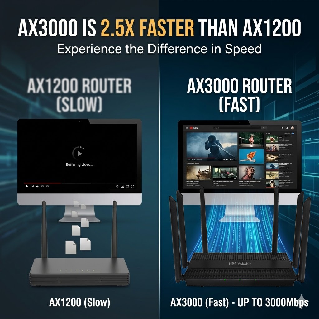 AX3000 compared with an AX1200 router — 2.5 times the rated wireless throughput