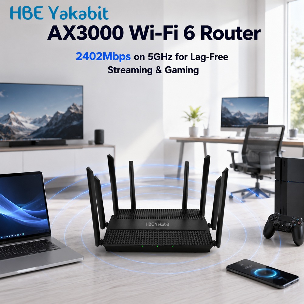 HBE-AX3000 in a home office — 2402 Mbps on the 5 GHz band for lag-free streaming and gaming