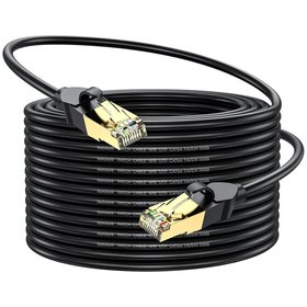 HBE-CAT6 Ethernet cable coiled, with both gold-plated RJ45 connectors laid across the coil