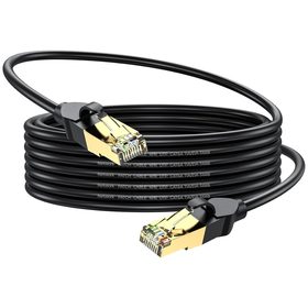 HBE-CAT6 Ethernet cable in a loose coil, showing the moulded strain-relief boots at each end