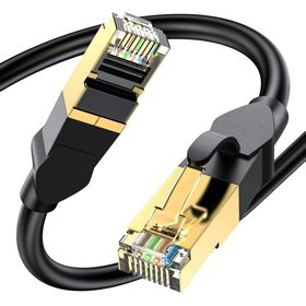 Close-up of the two gold-plated RJ45 connectors on the HBE-CAT6 Ethernet cable