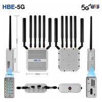 HBE-5G Outdoor Router dimensions and ports — 335 × 140 × 45 mm, LED panel, 5G/Wi-Fi antenna connectors, DC 12V, dual SIM, USB-C and reset