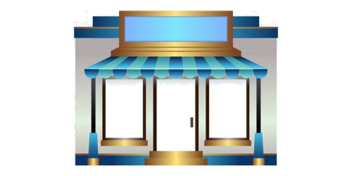 An illustrated retail storefront with an awning and display windows