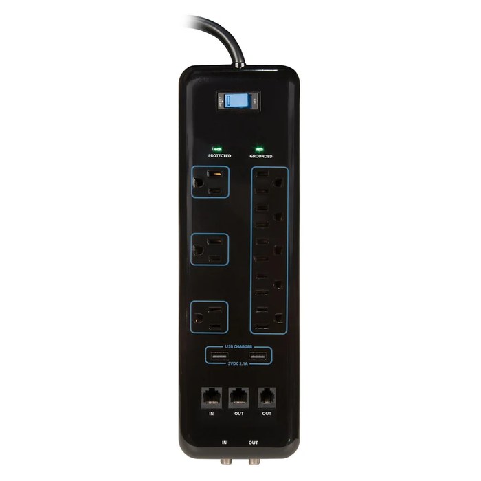 Prime PB523118 8 Outlet 3600 Joule Multimedia Surge Protector with 2-Port USB Charger