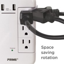 Prime PBRUSB346S 6 Outlet (3-Fixed Rotating) 1200 Joule Surge Tap with 2-Port 3.4A USB Charger