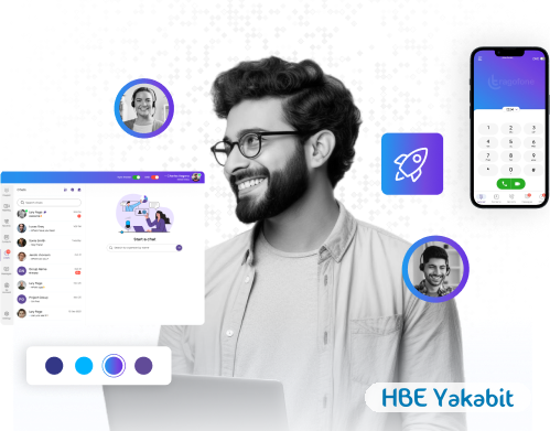The HBE Yakabit Softphone desktop client open beside the mobile app, with a chat panel and dialler