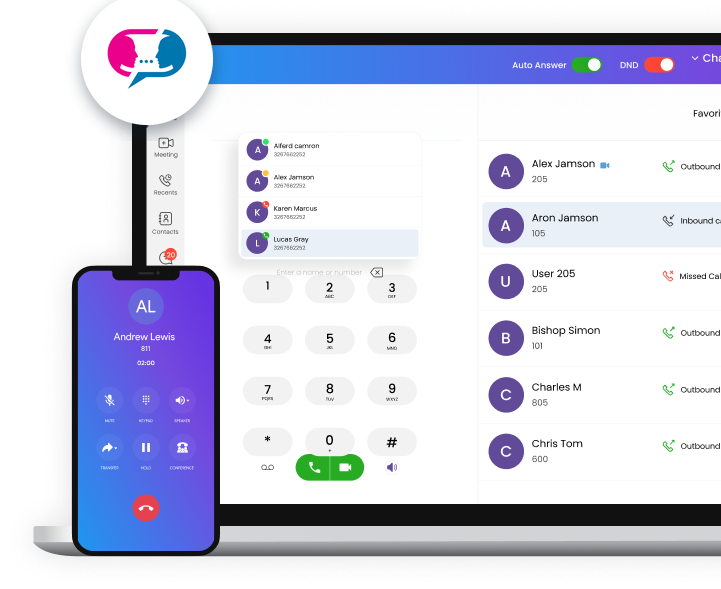 The HBE Yakabit Softphone desktop window with the dialler, contact list and an active call, beside the mobile app