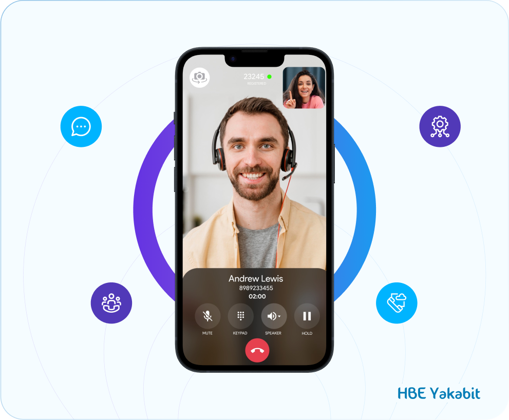 The HBE Yakabit Softphone on a handset during a video call, with mute, keypad, speaker and hold controls