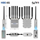 HBE-5G Outdoor Router dimensions and ports — 335 × 140 × 45 mm, LED panel, 5G/Wi-Fi antenna connectors, DC 12V, dual SIM, USB-C and reset