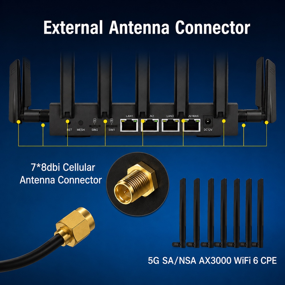 External antenna connectors — 7 × 8dBi cellular antenna connectors
