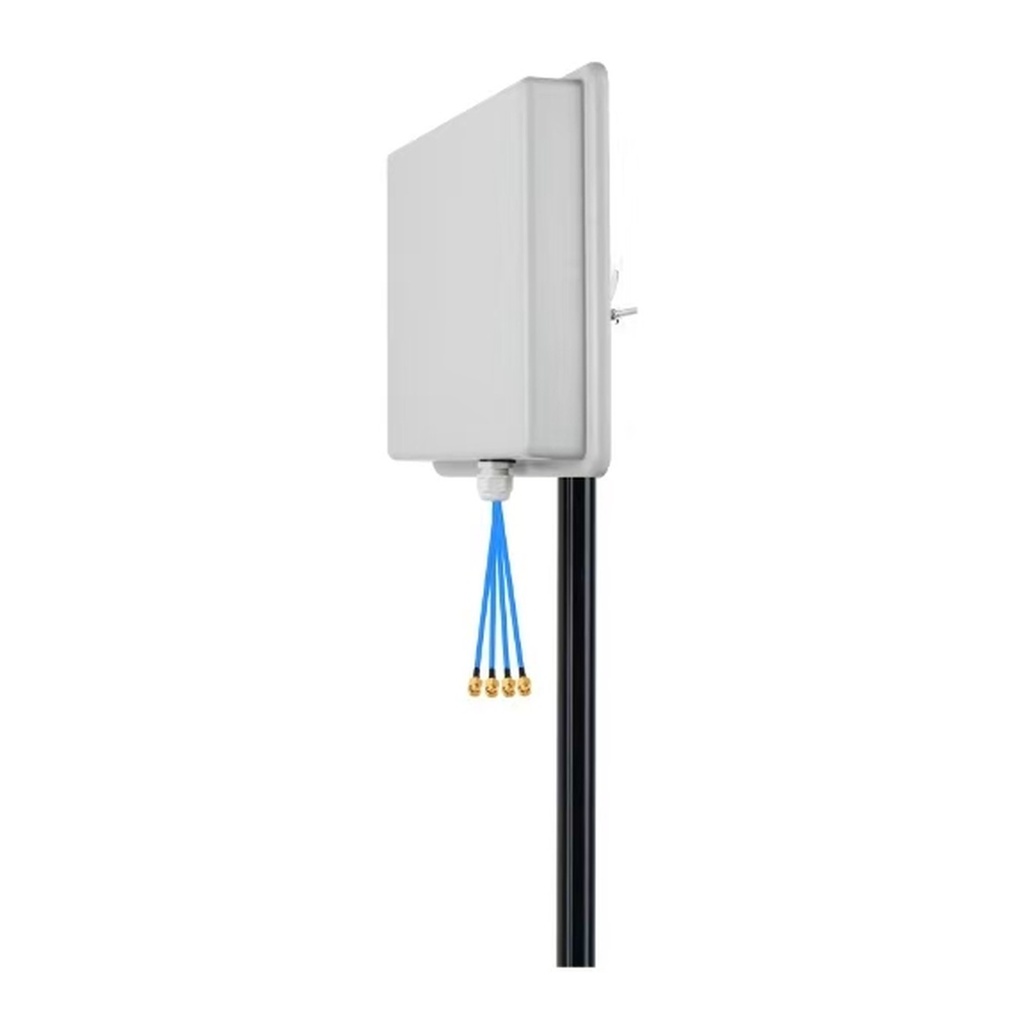 HBE-5G 4X4 MIMO antenna on a pole mount showing the four marked cables