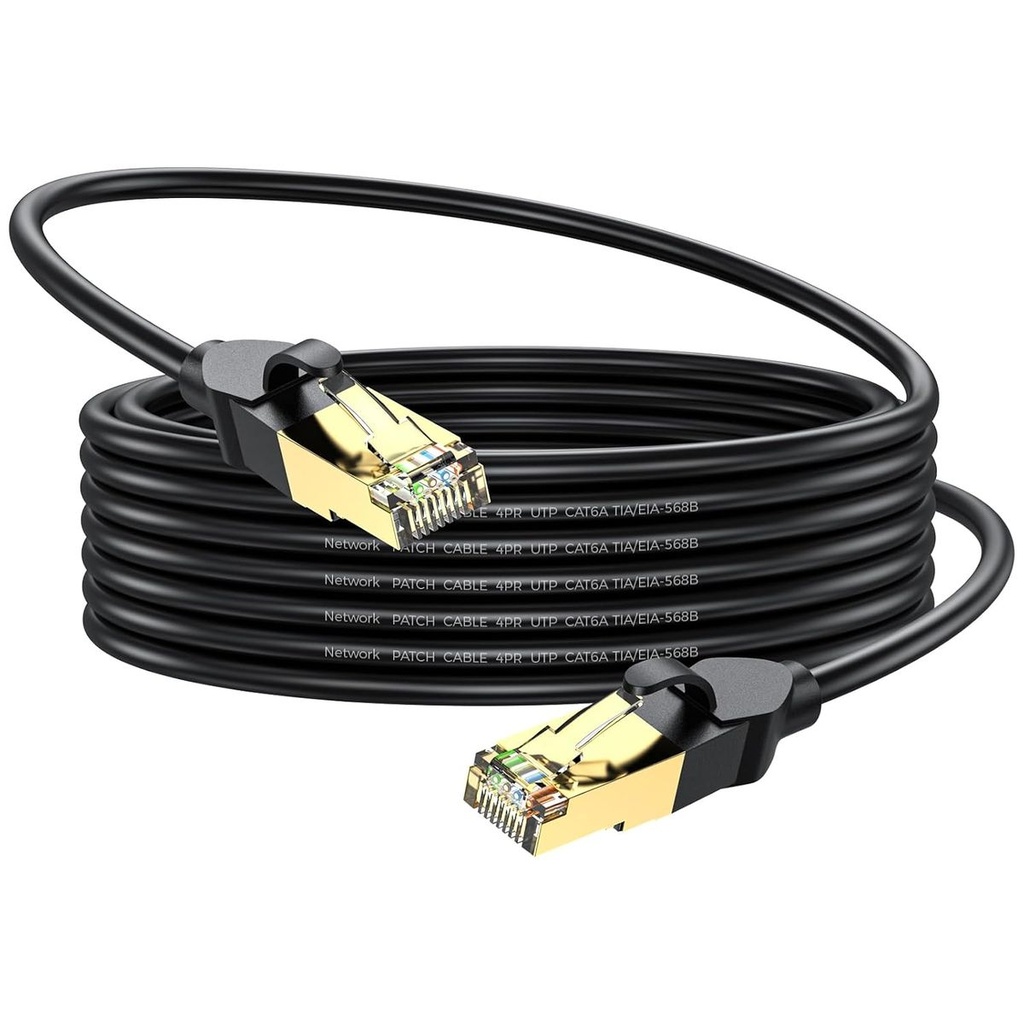 HBE-CAT6 Ethernet cable in a loose coil, showing the moulded strain-relief boots at each end