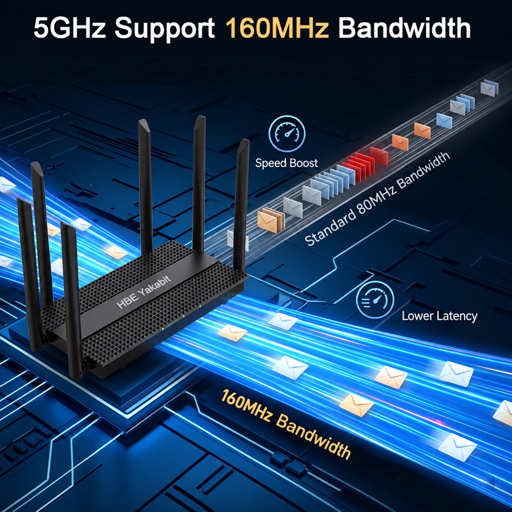 160 MHz channel width on the 5 GHz band for higher throughput and lower latency than a standard 80 MHz channel