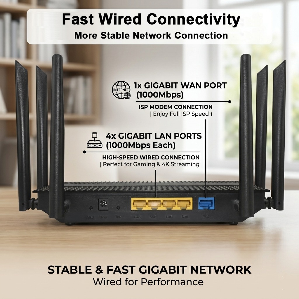 Rear panel — one Gigabit WAN port and four Gigabit LAN ports for full-speed wired connections