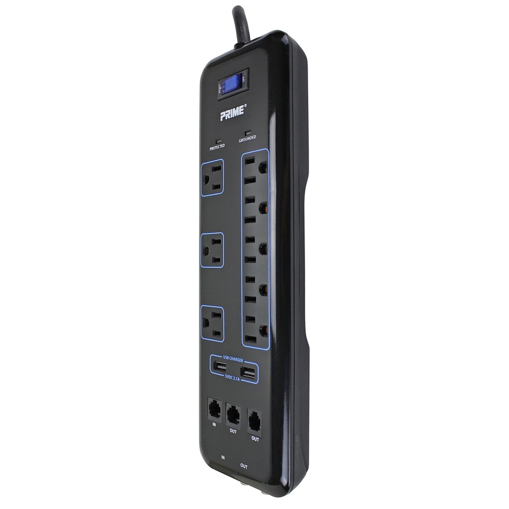 Prime PB523118 8 Outlet 3600 Joule Multimedia Surge Protector with 2-Port USB Charger