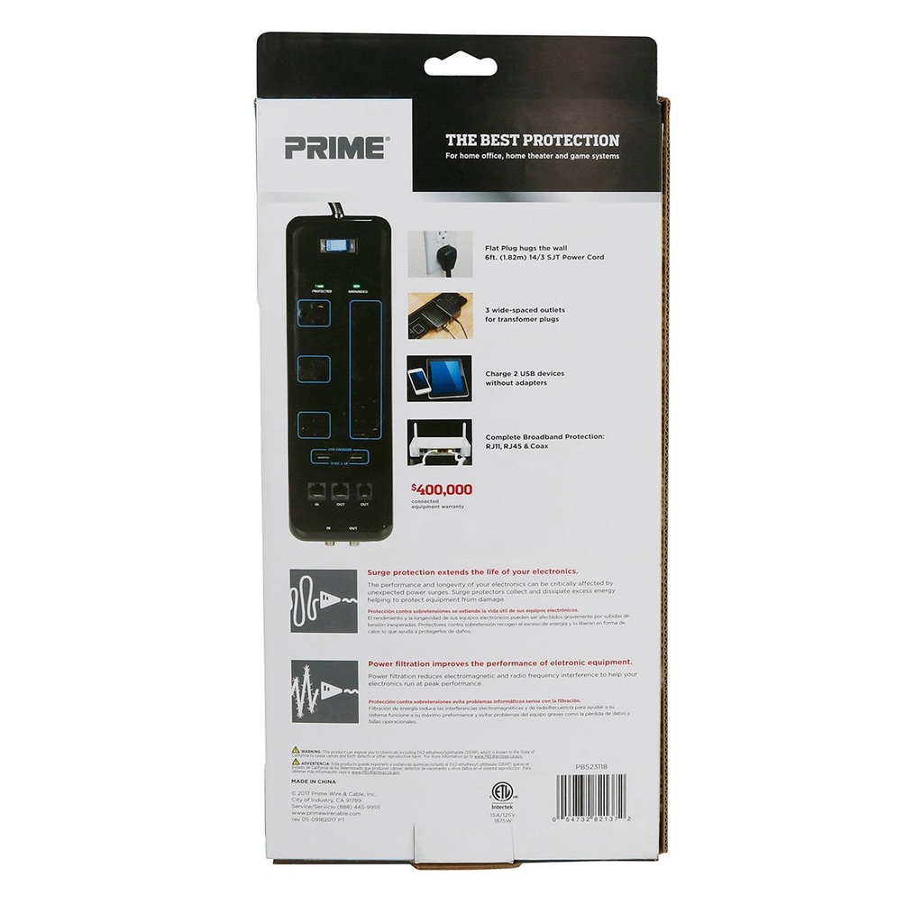 Prime PB523118 8 Outlet 3600 Joule Multimedia Surge Protector with 2-Port USB Charger
