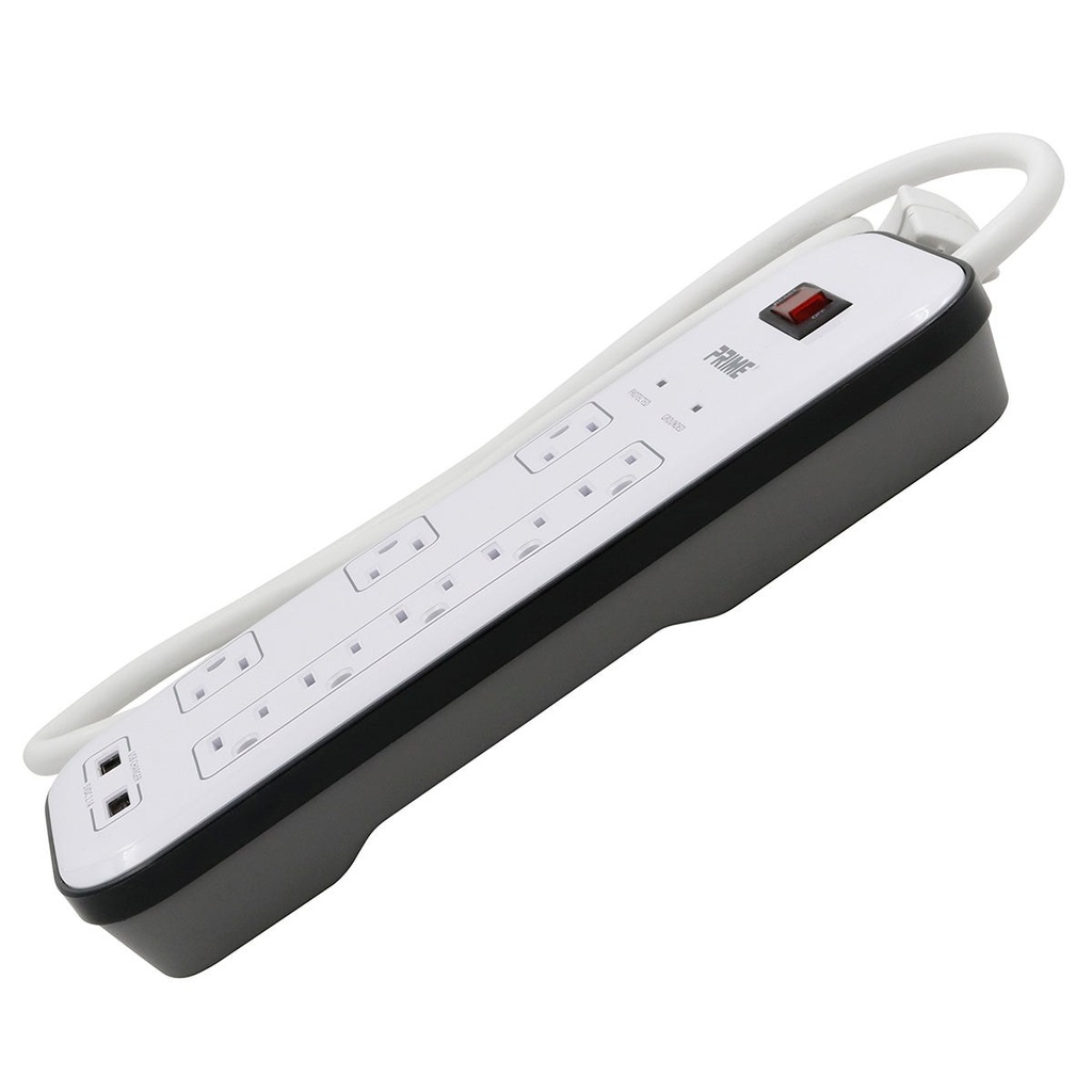 Prime PB523120 8 Outlet 2400 Joule Multimedia Surge Protector with 2-Port USB Charger