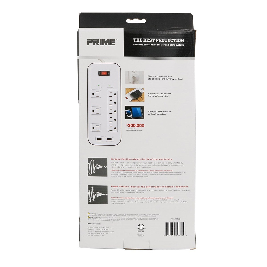 Prime PB523120 8 Outlet 2400 Joule Multimedia Surge Protector with 2-Port USB Charger