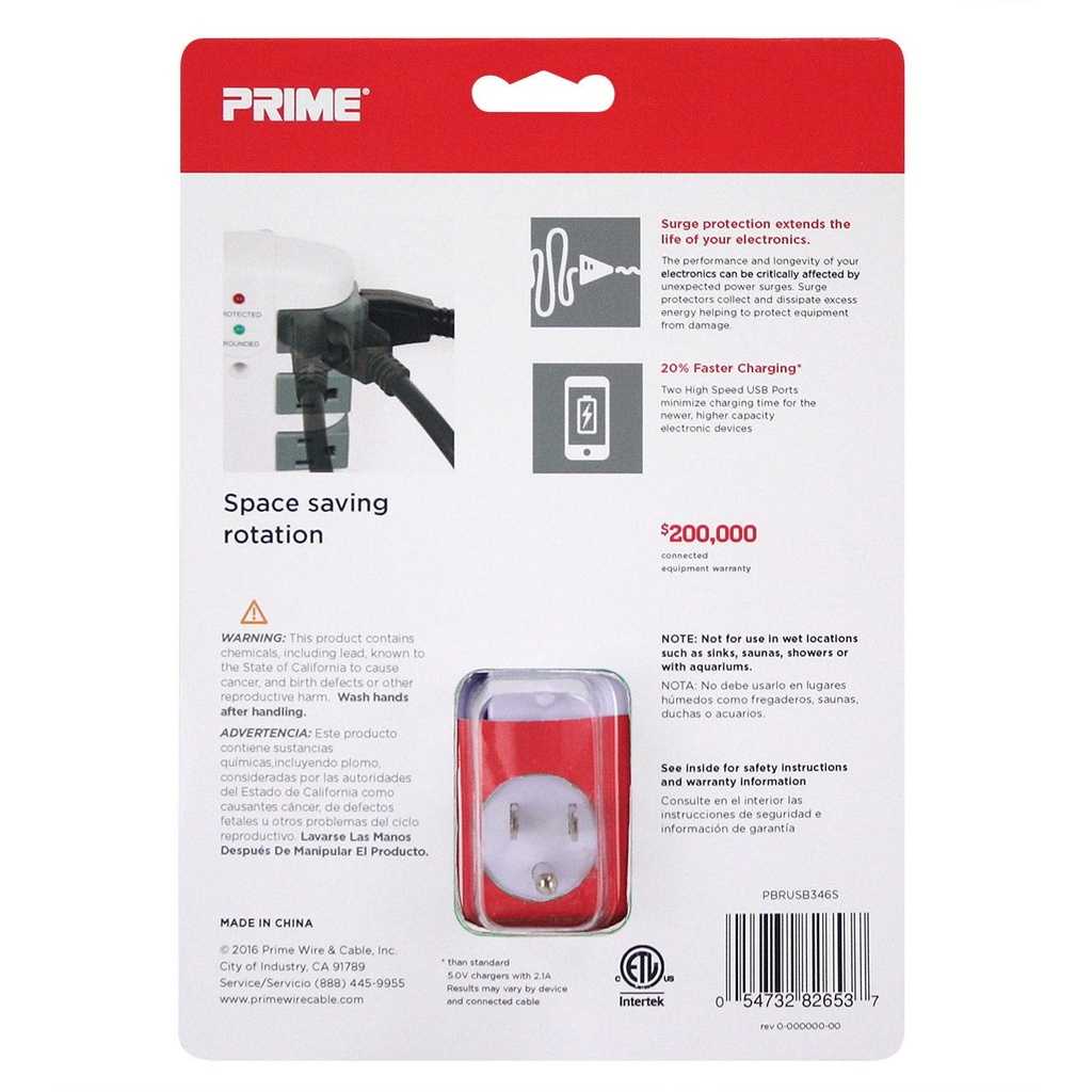 Prime PBRUSB346S 6 Outlet (3-Fixed Rotating) 1200 Joule Surge Tap with 2-Port 3.4A USB Charger
