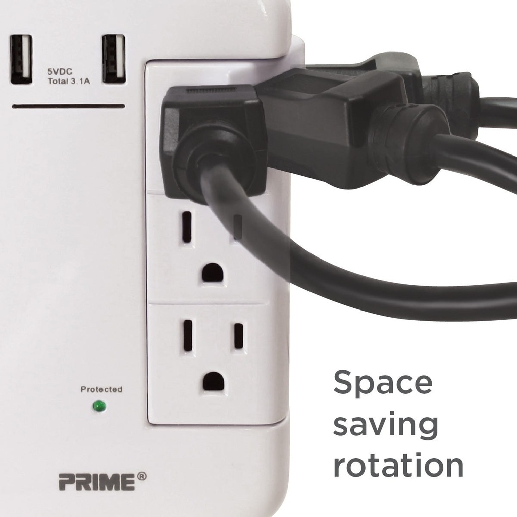 Prime PBRUSB346S 6 Outlet (3-Fixed Rotating) 1200 Joule Surge Tap with 2-Port 3.4A USB Charger