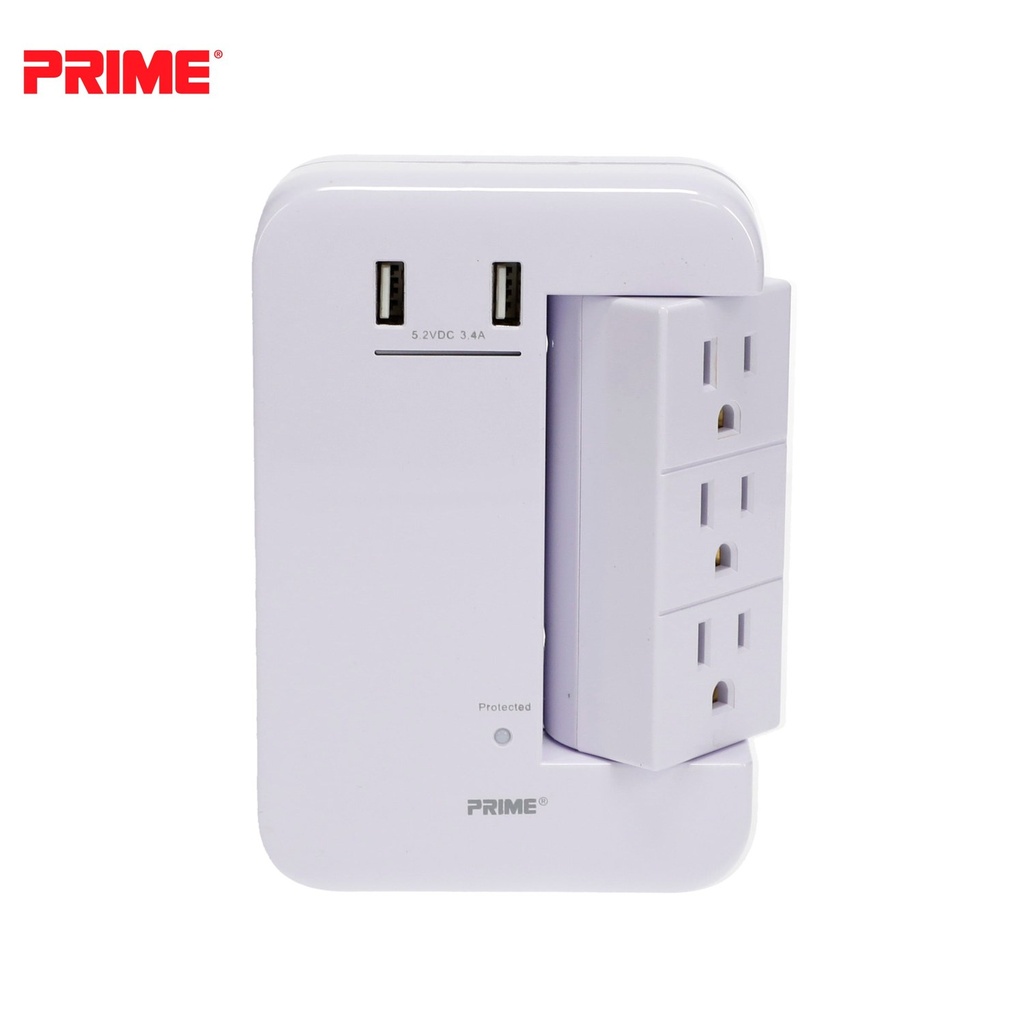 Prime PBRUSB346S 6 Outlet (3-Fixed Rotating) 1200 Joule Surge Tap with 2-Port 3.4A USB Charger