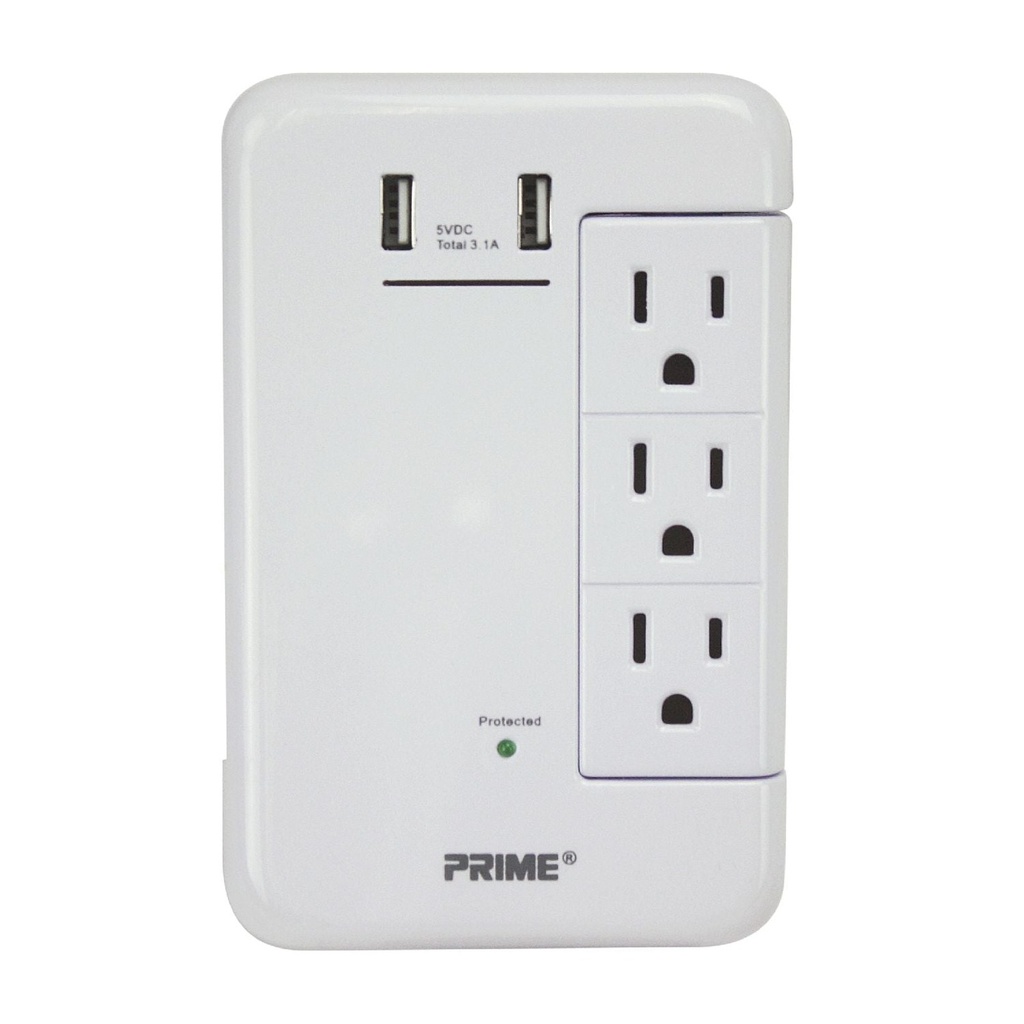 [PBRUSB346S] 6 Outlet (3-Fixed Rotating) 1200 Joule Surge Tap with 2-Port 3.4A USB Charger