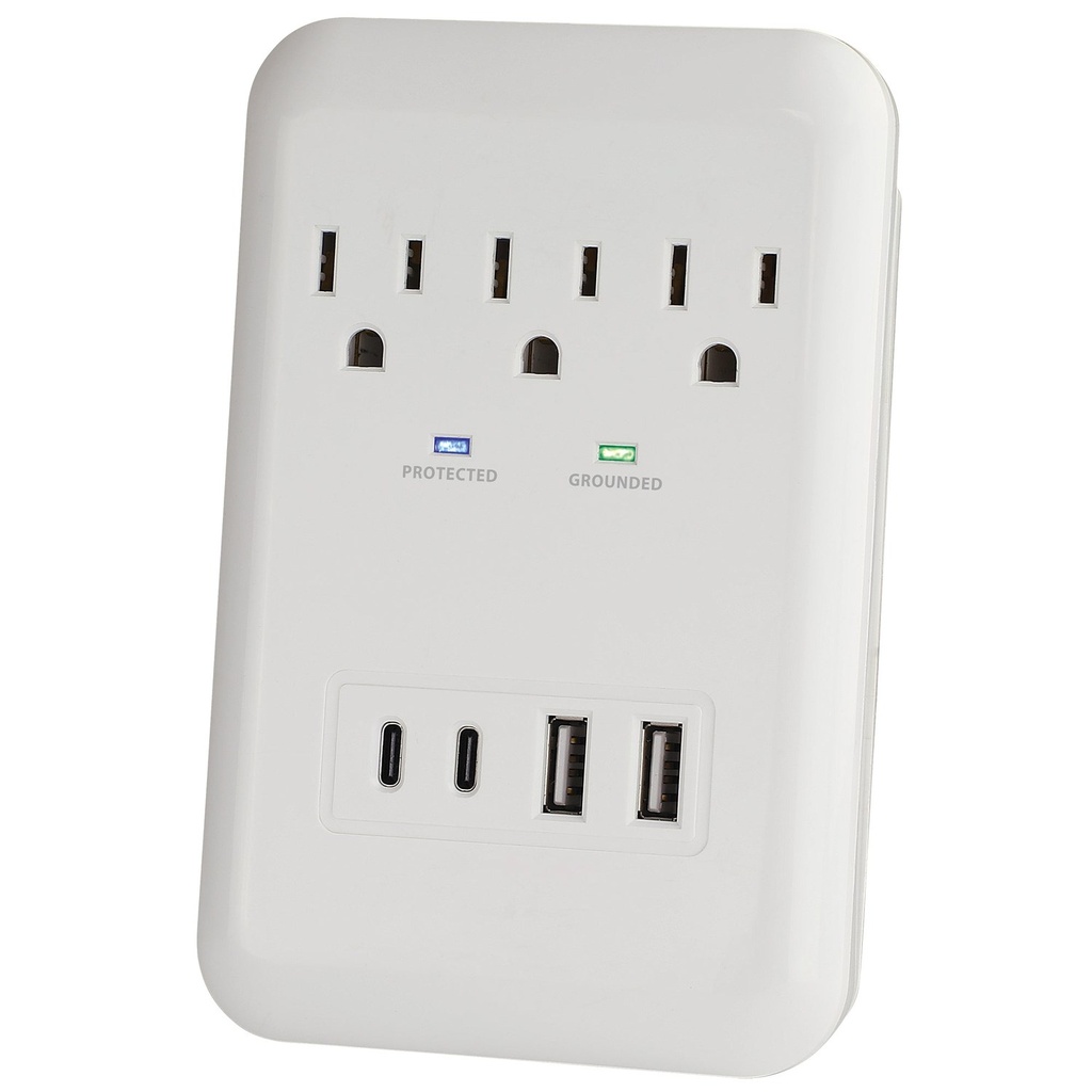 [PBSUC418] 3 Outlet 980 Joule Surge Protector with 2 USB-C & 2 USB-A 17W Charging Ports and Phone Shelf
