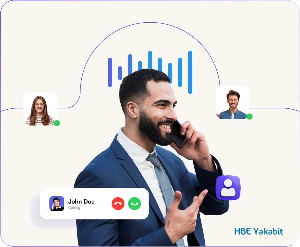 A business user taking a call on the HBE Yakabit Softphone, with an incoming-call card and colleagues shown as available