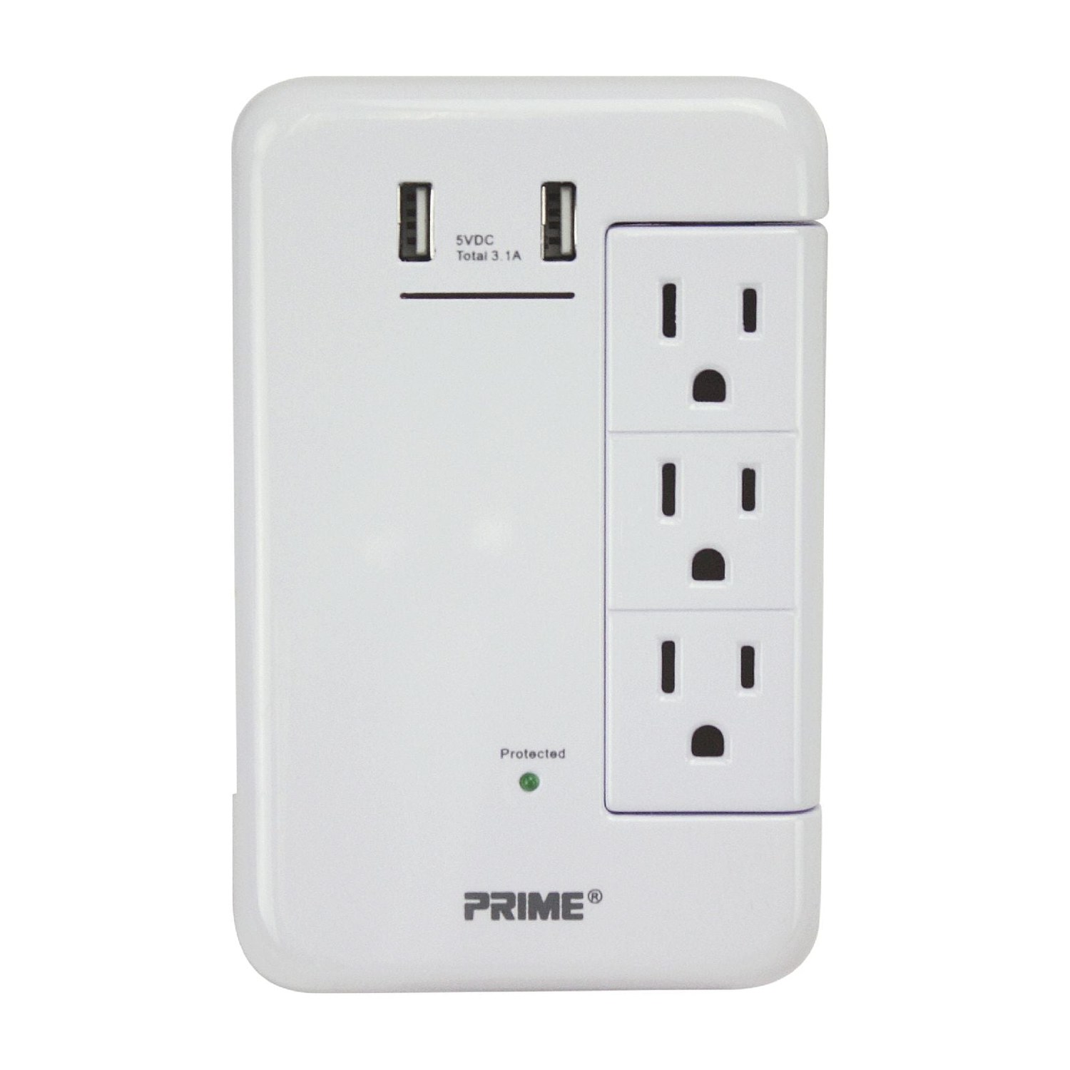 Prime PBRUSB346S 6 Outlet (3-Fixed Rotating) 1200 Joule Surge Tap with 2-Port 3.4A USB Charger