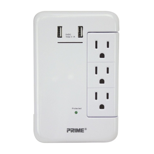 6 Outlet (3-Fixed Rotating) 1200 Joule Surge Tap with 2-Port 3.4A USB Charger