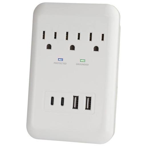3 Outlet 980 Joule Surge Protector with 2 USB-C & 2 USB-A 17W Charging Ports and Phone Shelf