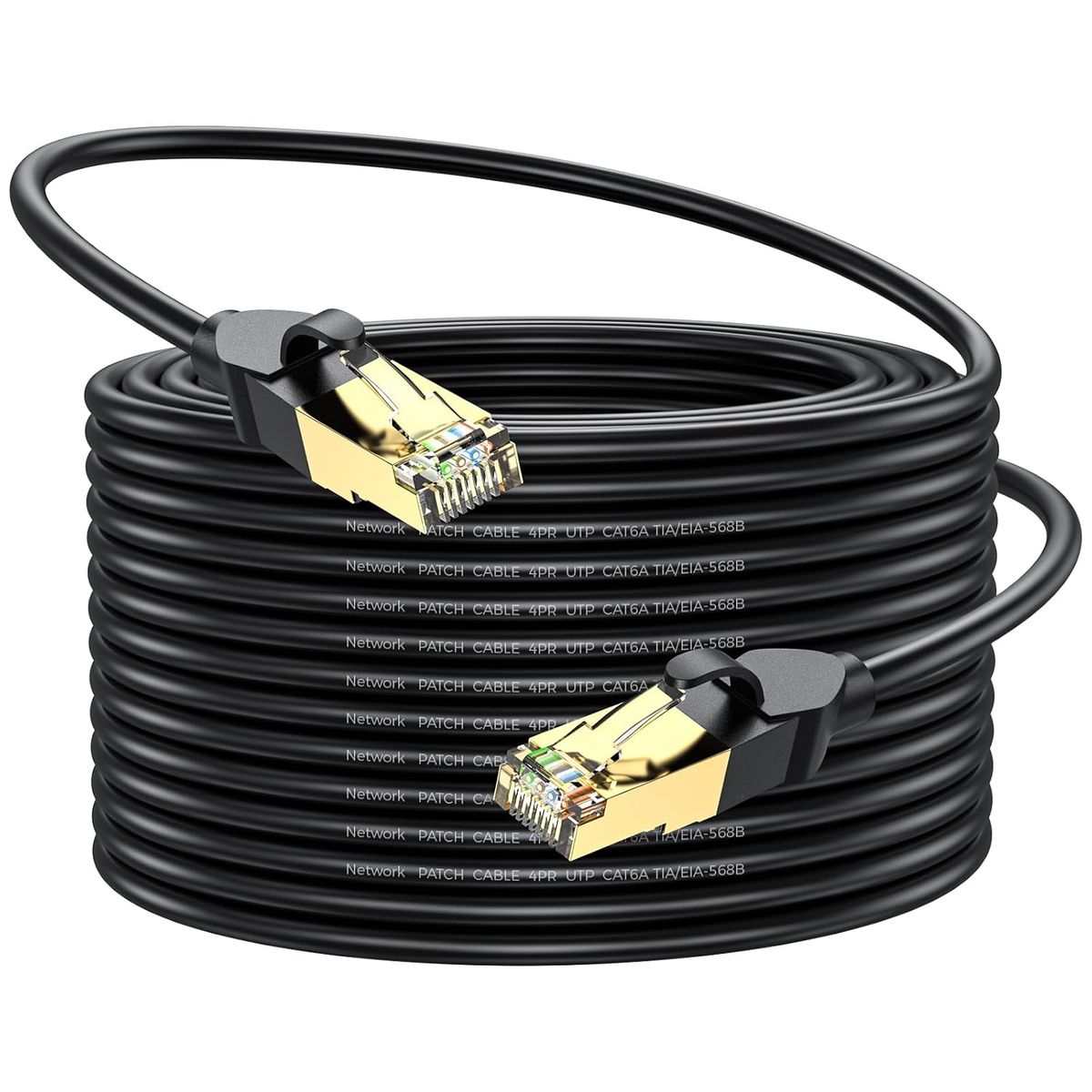 HBE-CAT6 Ethernet cable coiled, with both gold-plated RJ45 connectors laid across the coil