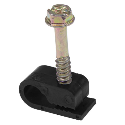 HBE-Grip Clip CAT6 — black single-cable grip clip with its hex-head screw fitted through the body